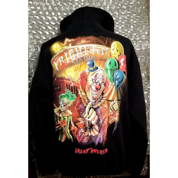 vintage 00s Y2K Six Flags Fright Fest Hoodie Sweatshirt Clown Halloween sz M T15 - Picture 1 of 6